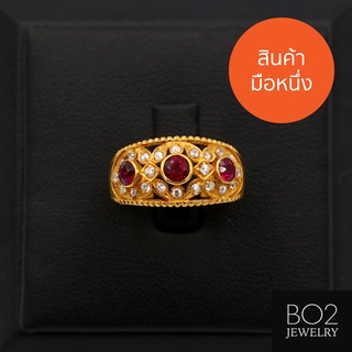 แหวนทองแท้ size 56 แหวนพลอยแฟนซีสีแดง ฉลุกลีบดอกฝังพลอยขาว