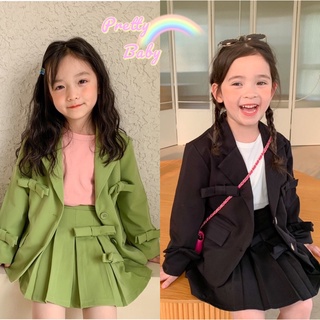 PRETTY BABY🧸พร้อมส่ง🧸ชุดเซ็ทสำหรับเด็กผู้หญิง เสื้อสูท/กระโปรงพลีทสไตล์เกาหลี (207)