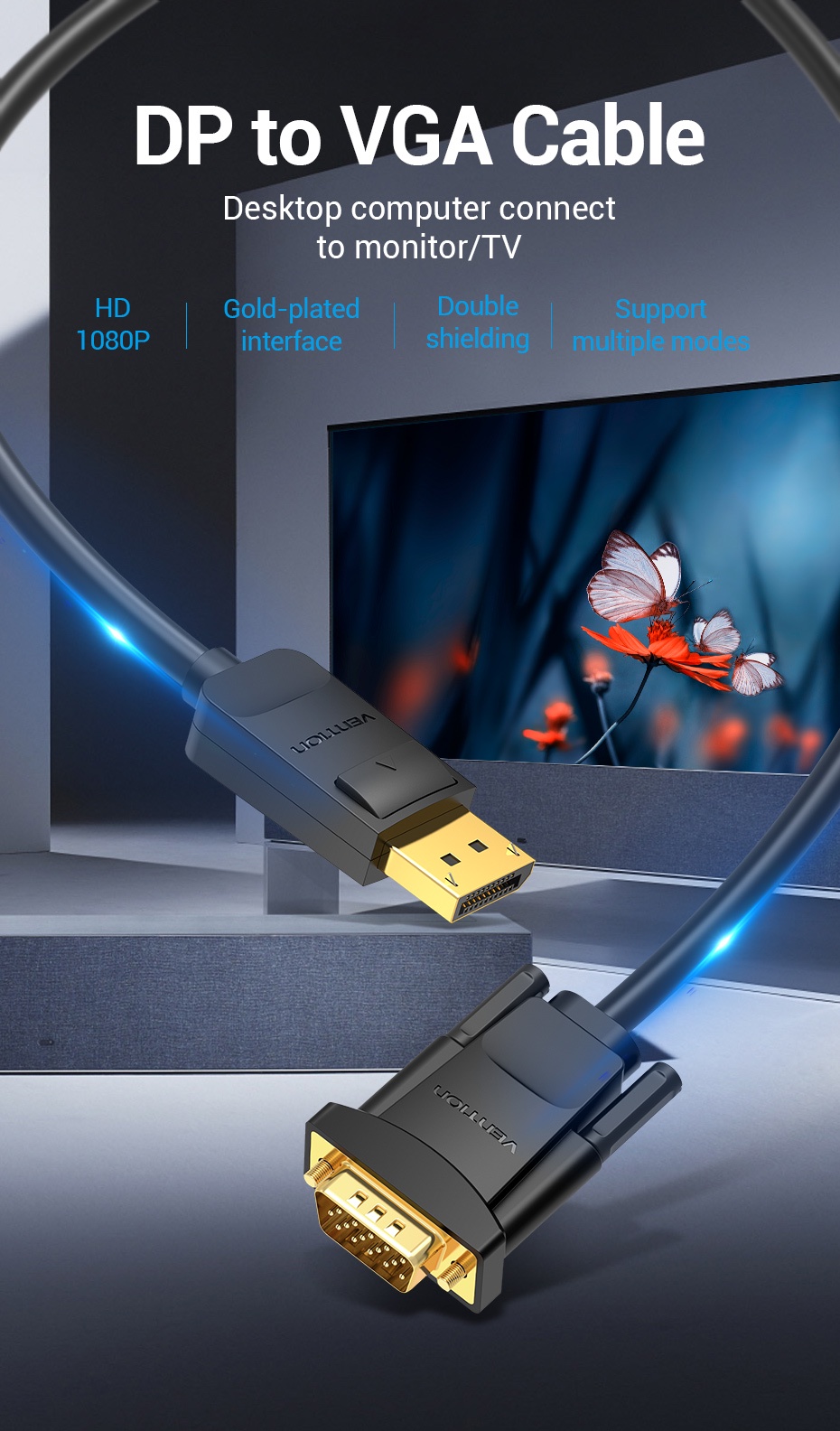 รูปภาพรายละเอียดของ Vention สายเชื่อมหน้าจอ Dp-VGA สายเคเบิล DP to VGA ตัวผู้เจ้าตัวผู้ สายชุบทอง สำหรับแล็ปท็อป เดสก์ท็อป มอนิเตอร์ ทีวี โปรเจ็กเตอร์