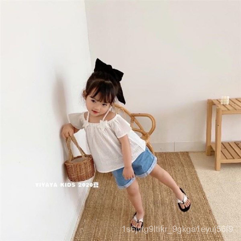 new-2023-girls-clothing-short-sleeve-t-shirt-shoulder-strap-short-sleeve-chiffon-fabric-korean-fashion-solid-colo