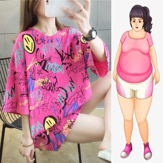 【Plus Size】เสื้อยืดแขนสั้น ทรงหลวม พลัสไซซ์ สไตล์เกาหลี แฟชั่นฤดูร้อน สําหรับผู้หญิง รองรับ 150 กก.