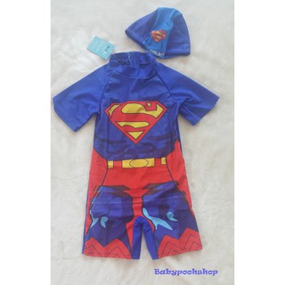 ชุดว่ายน้ำบอดี้สูท ซิปหลัง พิมพ์ลาย superman สีน้ำเงิน พร้อม หมวก