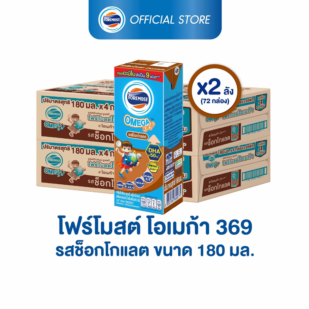 ราคาและรีวิวโฟร์โมสต์ โอเมก้า 369 รสช็อคโกแลต 180มล (36กล่อง/ลัง) Foremost Omega 369 Chocolate 180ml (นมกล่องUHT)