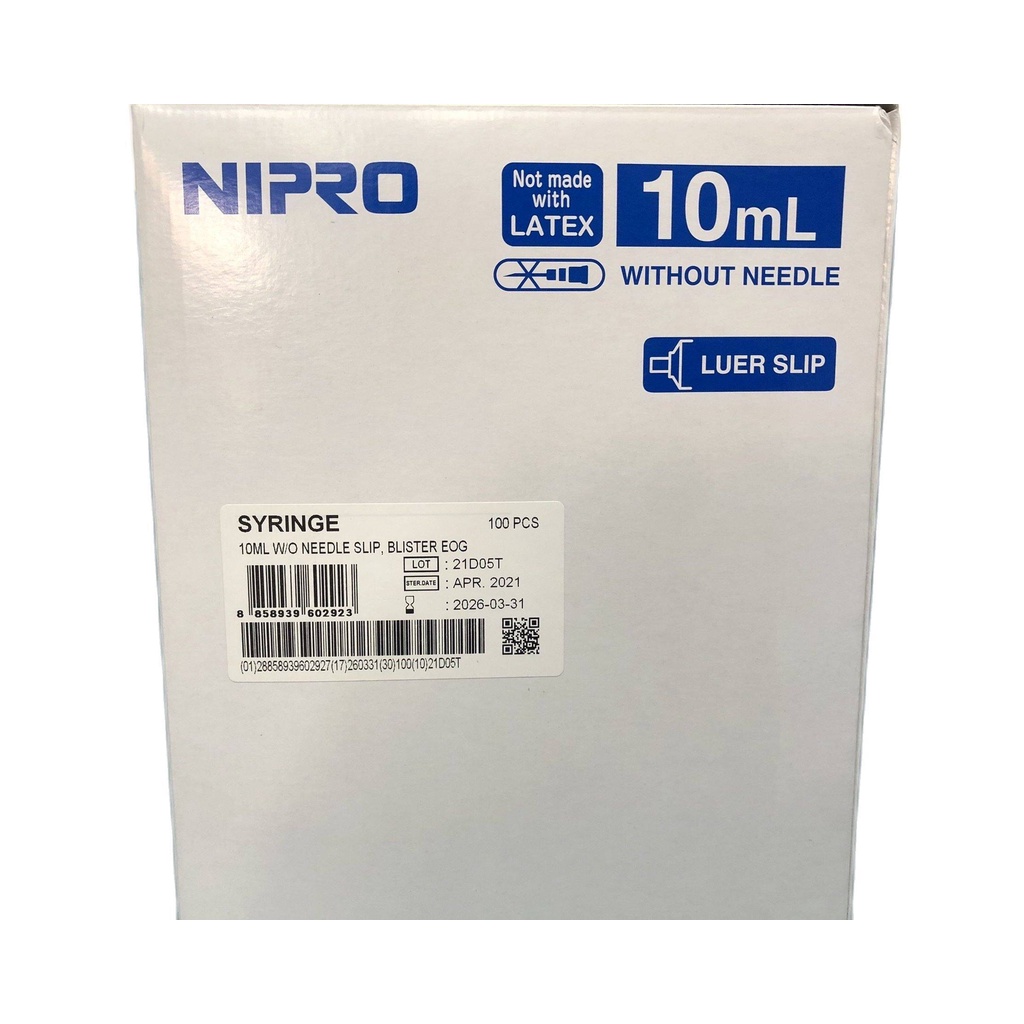 กระบอกฉีดยา-nipro-syringe-10-ml-luer-slip-ไซริงค์พลาสติกนิปโปรแบบไม่ติดเข็ม-ขนาด-10-มล-1-กล่อง-บรรจุ-100-ชิ้น