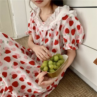 ชุดนอน ฤดูร้อนลูกไม้สตรอเบอร์รี่ฝ้ายชุดนอนสตรี Homewear