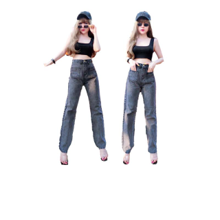 Cc jeans 085 S-3XL กางเกงยีนส์ผู้หญิง ทรงกระบอก แต่งกระเป๋าหน้า ฟอกเทา