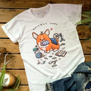 เสื้อยืดผ้าฝ้ายพิมพ์ลายขายดีCorgi " Welcome Home " T-shirt เสื้อยืด ลายน้องหมาคอกี้