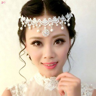 Women Lace Choker Necklace Crystal Pearl Tassels Headband Bridal Wedding Hair Accessories