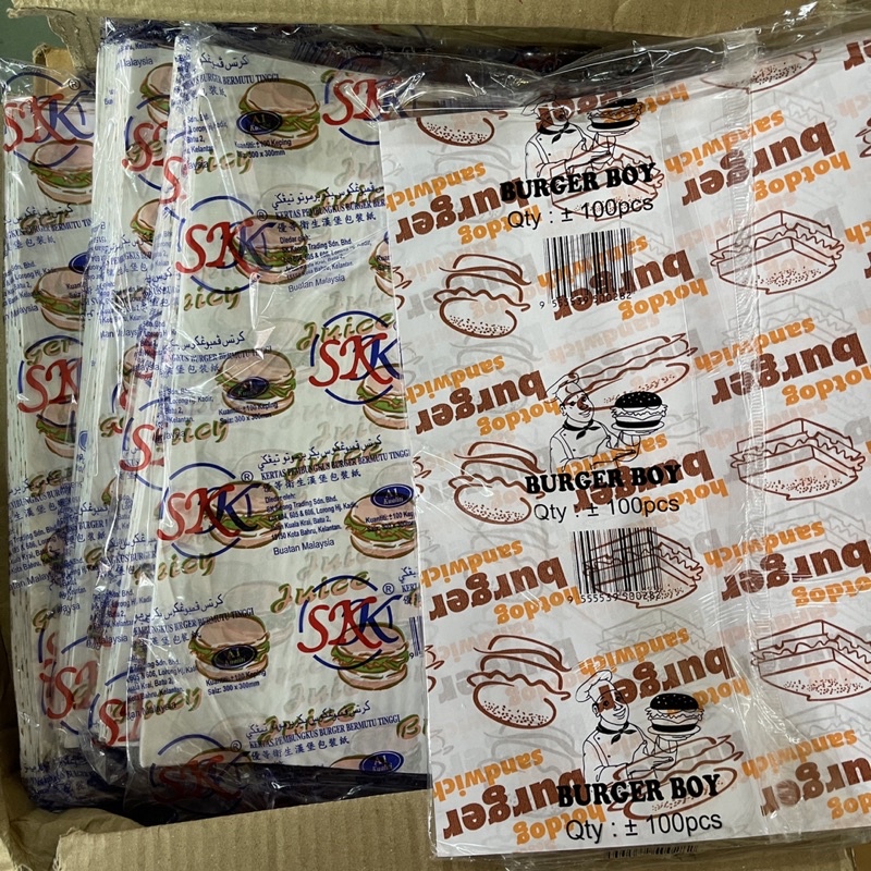ภาพหน้าปกสินค้า5 ลาย 100 แผ่น กระดาษห่ออาหาร แฮมเบอร์เกอร์ ชนิดเคลือบพลาสติกพิเศษ ขนาด 12x12 ลายเต็ม จากร้าน abang_shop_ บน Shopee