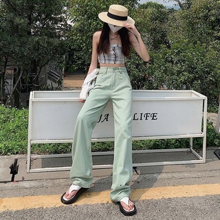 DaDuHey💕 Womens Summer High Street New American Retro Mint Green Jeans High Waist Loose and Slimming Straight Wideleg Pants.