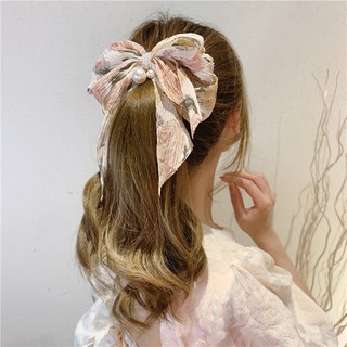 โบว์ติดผม Big bow floral hairpin โบว์ผูกผม ผ้าพลีทลายดอกไม้ ประดับมุก ขนาดใหญ่ สวยงาม หรูหรา เครื่องประดับผม กิ๊บติดผม