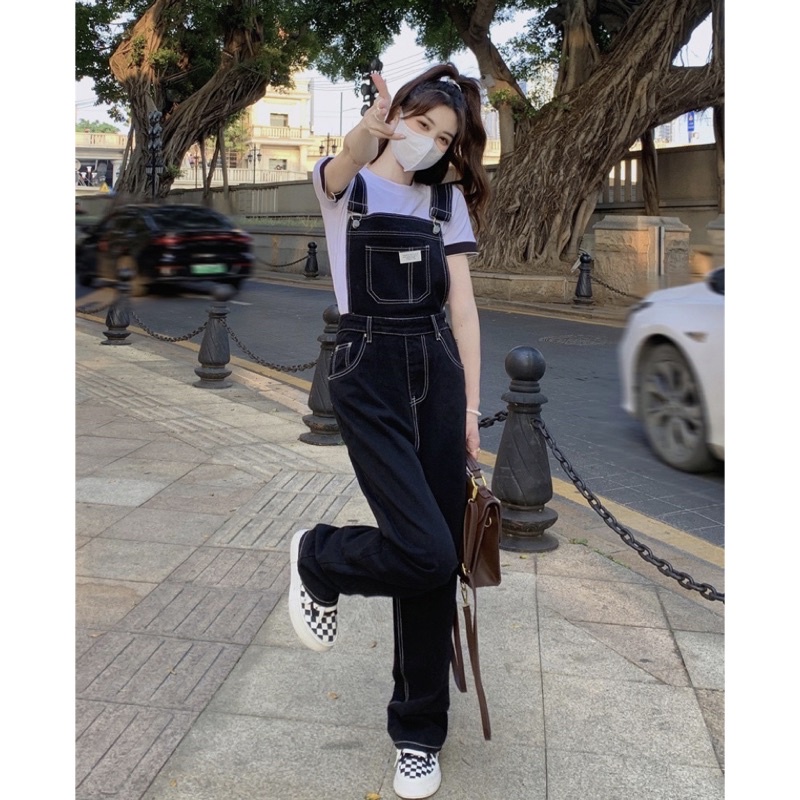 many-jeans-overalls-เอี๊ยมกางเกงยีนส์ขายาวเอวสูงสีดำพร้อมส่ง