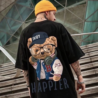 เสื้อยืด- เสื้อยืดคอกลม แขนสั้น พิมพ์ลายการ์ตูนหมี ทรงหลวม สไตล์ฮิปฮอป พลัสไซซ์ แฟชั่นสําหรับผู้ชาย