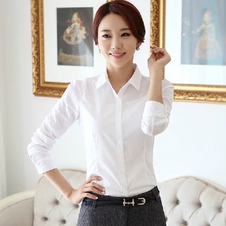 เสื้อสไตล์เกาหลีหญิงเสื้อเชิ้ตสีขาวนักเรียนมืออาชีพหญิงขนาดบวกเสื้อแขนยาว SH6176