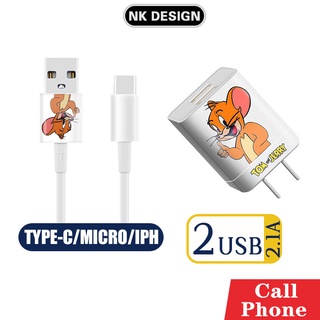 TOM&amp;JERRY สายชาร์จ + หัวชาร์จ usb ลายการ์ตูน 2.1A ชาร์จเร็ว ชาร์จได้ 2 เครื่องพร้อมกัน