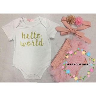 BNY-3Pcs เด็กทารกแรกเกิด Hello World Romper Jumpsuit ชุดกางเกงเครื่องแต่งกาย + แถบคาดศีรษะ