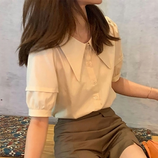 เสื้อเชิ้ตคอแหลมผู้หญิงรุ่นใหม่2021พระราชวังย้อนยุคหลวมสไตล์หวานแขนสั้นเสื้อออกแบบ