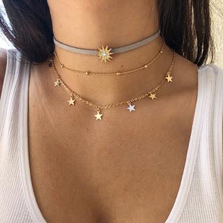 Multi Layers Chain Gold Color Tassel Sun Flower Star Necklace for Women Bijoux Velvet Leather Bohemian Choker Collier