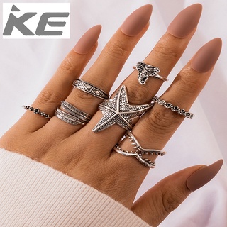 Vintage color leaves starfish elephant geometric leaf V-shaped totem seven-piece ring set for