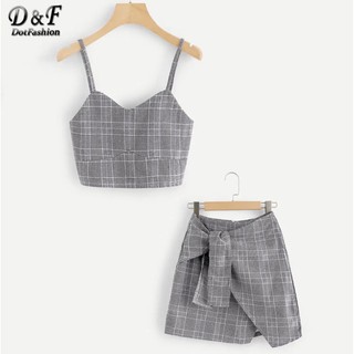 ‼️SALE‼️พร้อมส่ง Dotfashion Grey Cami Top With Skirt Set