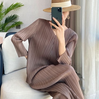 Issey Miyake Folds ชุดสูทกางเกงขายาว ทรงหลวม สองชิ้น แฟชั่นฤดูใบไม้ผลิ ฤดูใบไม้ร่วง สไตล์ตะวันตก สําหรับผู้หญิง 2023