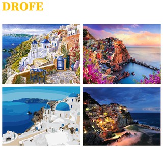 DROFE ภาพวาดระบายสี ผ้าใบ ตามตัวเลข Cinque Terre และ Santorini ขนาด 50X40 ซม.