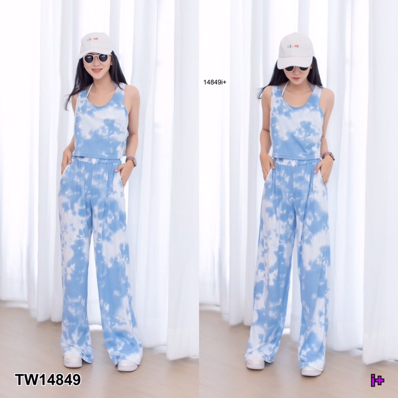 tw14849-set-3-ชิ้น-บราผูกคอ-เสื้อกล้าม-กางเกงขายาว-เอวสม็อกรอบ-มีกระเป๋าล้วงข้าง-เนื้อผ้า-sport-micro-ลายมัดย้อม