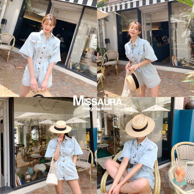 จั้มสูทผ้ายีนส์-มีกระเป๋าล้วง-กระดุมหน้าคอปก