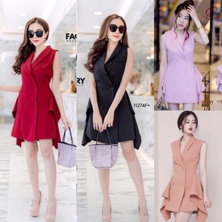 TW11274Dress เดรสแขนกุด ติดกระดุมหน้า ด้านข้างแต่งระบายหางปลา งานผ้าซาร่า พร้อมส่ง