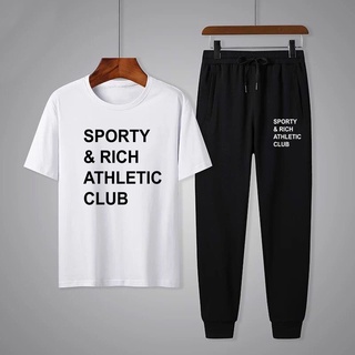 ชุดเซ็ทแฟชั่นเสื้อยืดแขนสั้นสกรีนลาย+กางเกงขายาวกางเกงลำลอง กางเกงกีฬา ใส่ได้ทั้งหญิงและชายT411-KU412