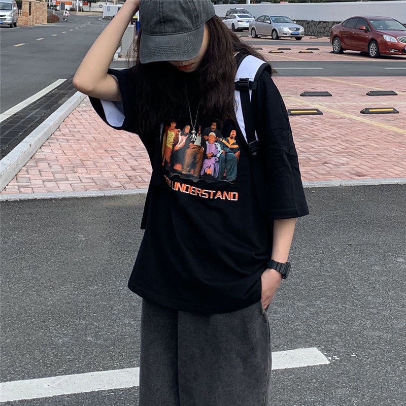 เสื้อยืดแขนสั้นนักเรียนหญิง-hip-hop-เสื้อย้อนยุคเสื้อยืด