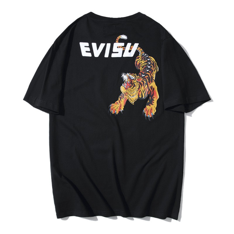 new-evisu-tiger-monogram-เสื้อยืดคอกลมแขนสั้นสําหรับผู้ชาย-เสื้อคู่-ผ้านำเข้า-พร้อม