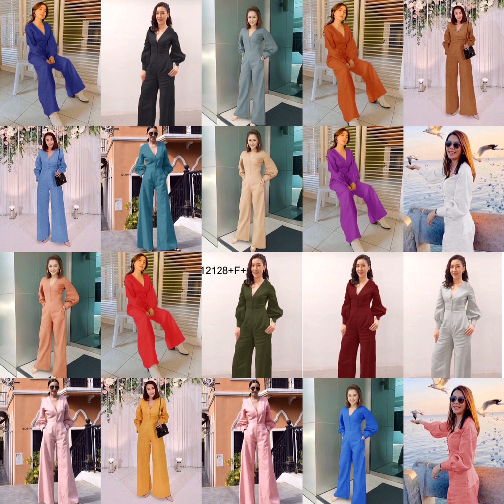 ภาพหน้าปกสินค้าSshop ส่งไว1-2วัน S12128 Jumpsuit จั้มสูทคอวีขายาวแต่งกระดุมอก