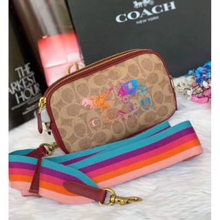 (ผ่อน0%) กระเป๋าสะพายข้าง COACH 88777 Signature Rexy And Carriage Sadie Crossbody ลายซีสีน้ำตาล สายสปอร์ต สีรุ้ง ไดโนเสา