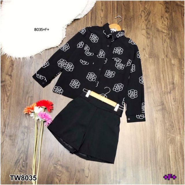 lt-tw8035-gt-set2ชิ้น-เสื้อแขนยาว-ผ้าไหมอิตาลี่พิมพืลายดอกไม้-มาพร้อมกางเกงผ้าซาร่าขาสั้น-เอวยืดสม็อคหลัง