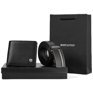 BOSTANTEN เข็มขัดผู้ชายและชุดกระเป๋าสตางค์ กระเป๋าสตางค์ลำลองคุณภาพสูง เข็มขัดนิรภัยอัตโนมัติ