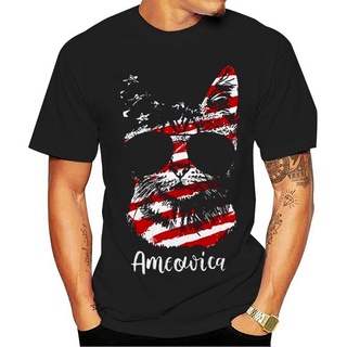 เสื้อยืดผ้าฝ้ายเสื้อยืดลําลอง แขนสั้น พิมพ์ลายกราฟฟิค Ameowica 4th Of July Party Meow Cat American Flag สําหรับผู้ชายL X