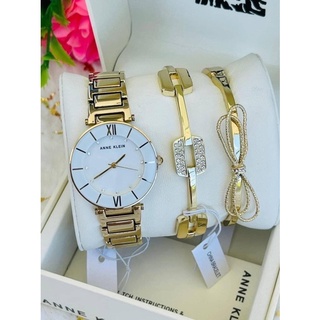 (ผ่อน0%) นาฬิกา Anne Klein Womens Crystal Accented Bracelet Watch &amp; Bracelet Set AK-3366WTS หน้าปัด 26 mm. สีทอง สร้อย