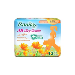 Sanita 3D Airy Gentle / แซนนิต้า 3D แอรี่ เจนเทิล แอนตี้แบคทีเรีย บาง0.15 มีปีก 24.5ซม. 12ชิ้น/ห่อ