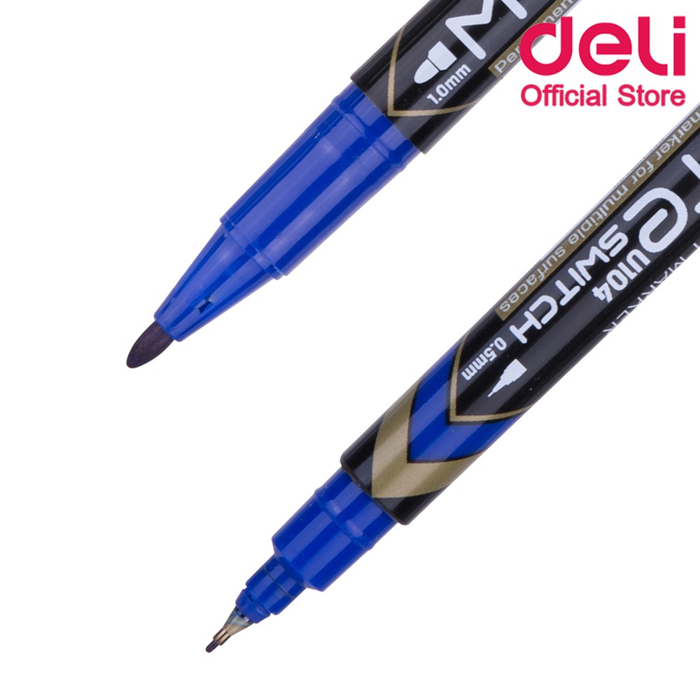 deli-u10430-marker-pen-ปากกามาร์คเกอร์-สำหรับเขียนซองพลาสติก-เขียนซีดี-โมเดล-แบบ-2-หัว-0-5mm-1mm-สีน้ำเงิน-แพ็ค-1-แท่ง