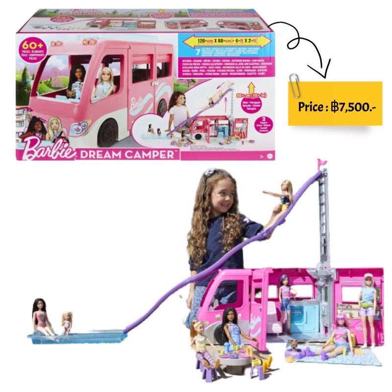 barbie-dreamcamper-vehicle-playset-2-5-feet-tall-with-rolling-wheels-7-play-areas-pool-slide-amp-60-camping-accessories