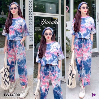 TW14900 Set 3 ชิ้น เสื้อครอป คอกลม แขนสั้น + กางเกงขายาว เอวสูงยางยืดสม็อก เอวผูกได้ มีกระเป๋าข้าง ผ้าคอตตอน ลายมัดย้อม