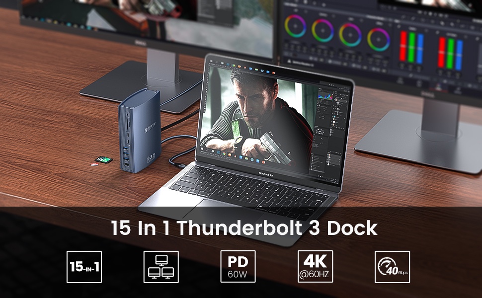 ภาพประกอบของ Orico Thunderbolt 3 40Gbps ฮับ USB C 15 In 1 พร้อมหูฟัง Rj45 PD SD TF ไมโครโฟน สําหรับ Laptop แล็ปท็อป (TB3-S3)
