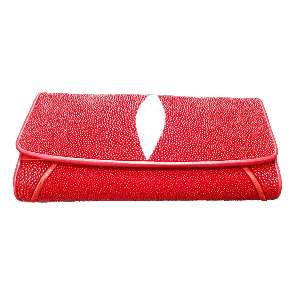 กระเป๋าถือผู้หญิง-หนังปลากระเบน-ทรงยาว-3-พับ-สีแดง-genuine-stingray-trifold-clutch-wallet