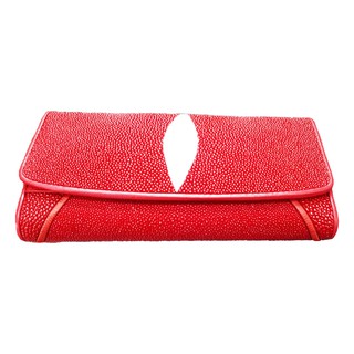 กระเป๋าถือผู้หญิง หนังปลากระเบน ทรงยาว 3 พับ สีแดง Genuine Stingray Trifold Clutch Wallet
