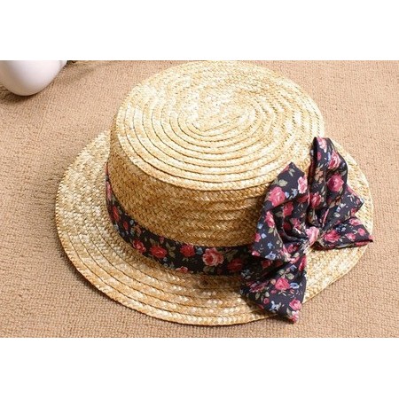 หมวกสาน-คาดโบว์ผ้าลายดอกไม้-ใช้สวมเพื่อกันแดดหรือเพื่อแฟชั่น