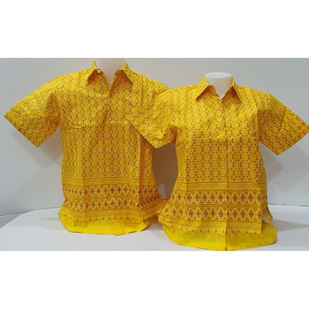 เสื้อลายไทยคอเชิ้ต-สีเหลืองลายไทยตาราง-ผู้ชาย-ผู้หญิง