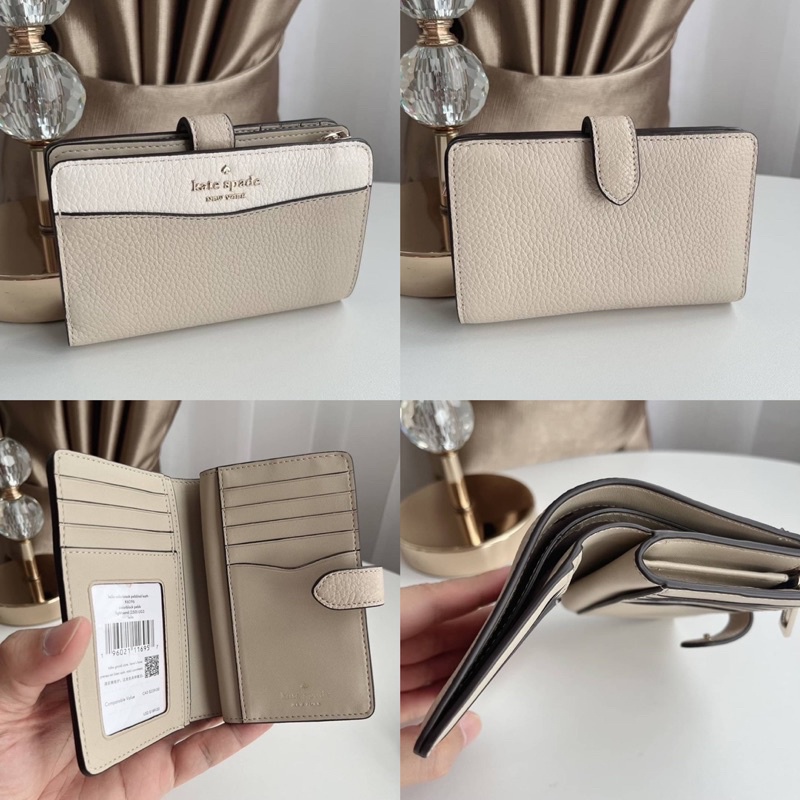 สด-ผ่อน-กระเป๋าสตางค์สีเทาขาว-หนังนิ่ม-k6396-kate-spade-leila-medium-compact-bifold-wallet