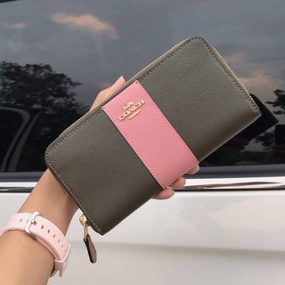 (ผ่อน0%) กระเป๋าสตางค์ ซิปรอบ ACCORDION ZIP WALLET IN COLORBLOCK WITH STRIPE (COACH 91574) สีชมพู