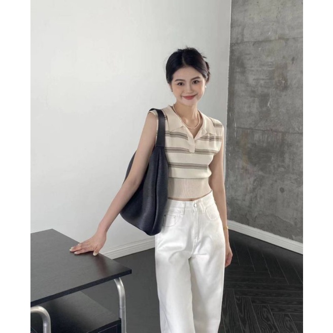 Ey_official#358#เสื้ิอครอปไหมพรมคอปกแขนกุดกลายทาง+ลายพื้นแมทช์กับอะไรก็ ...
